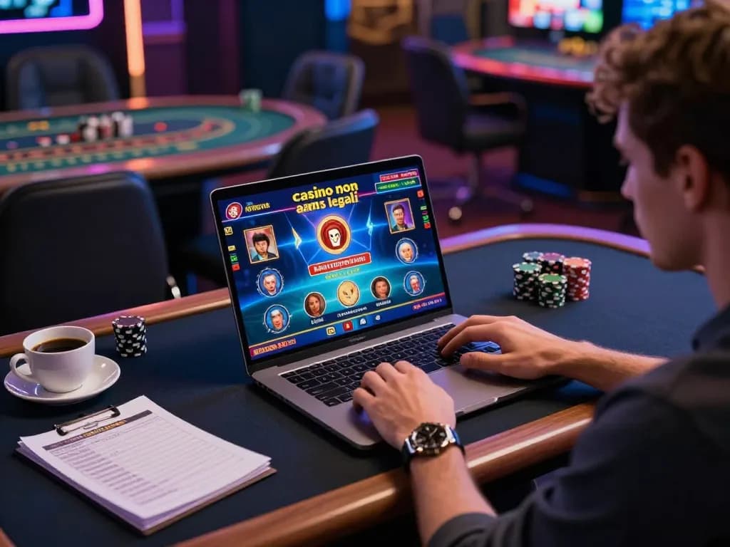 Engaging online gameplay illustrating casino non aams legali with laptop and strategic notes.