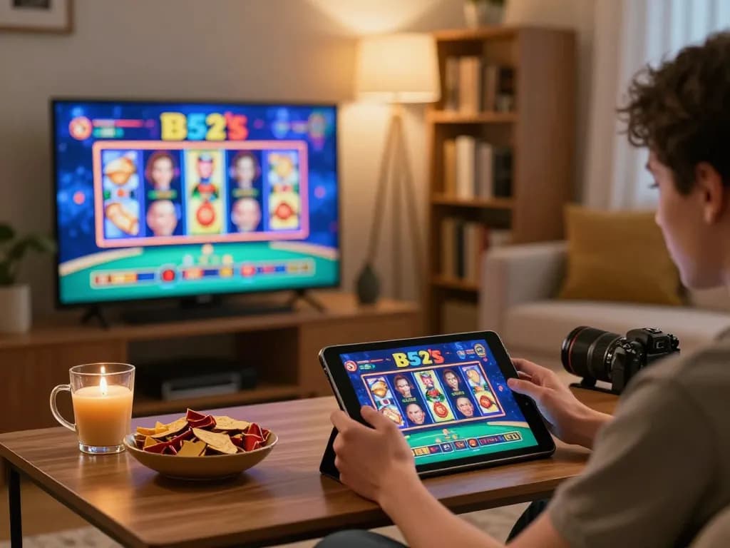 B52 gaming experience at home with tablet showing casino games, cozy and inviting atmosphere.