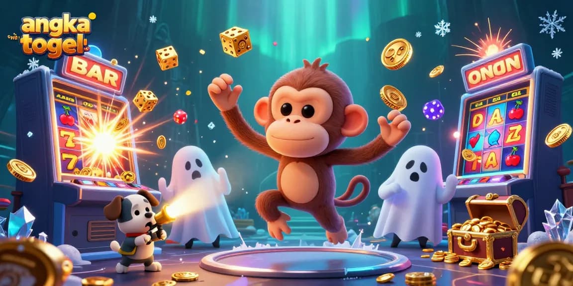 Explore angka togel online excitement with this vibrant illustration showcasing a playful ghost-hunter and juggling monkey.