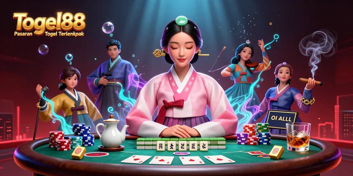 Togel88 Pasaran Toto Togel Terlengkap showcases a vibrant 3D casino scene blending poker and Mahjong elements.
