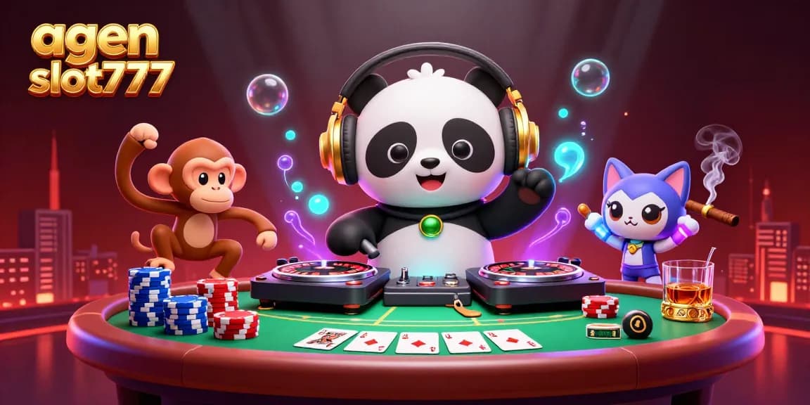 Experience thrilling gaming vibes with agen slot777 through a DJ panda, dancing monkey, and kitten in a vibrant casino scene.