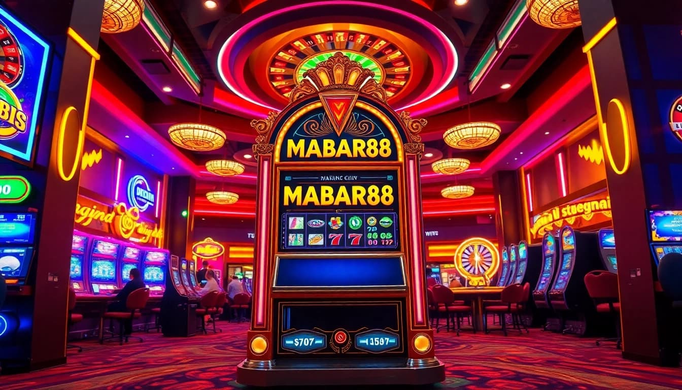 Pemain menikmati sensasi slot di Kasino MABAR88 dengan lampu berwarna-warni dan permainan klasik.