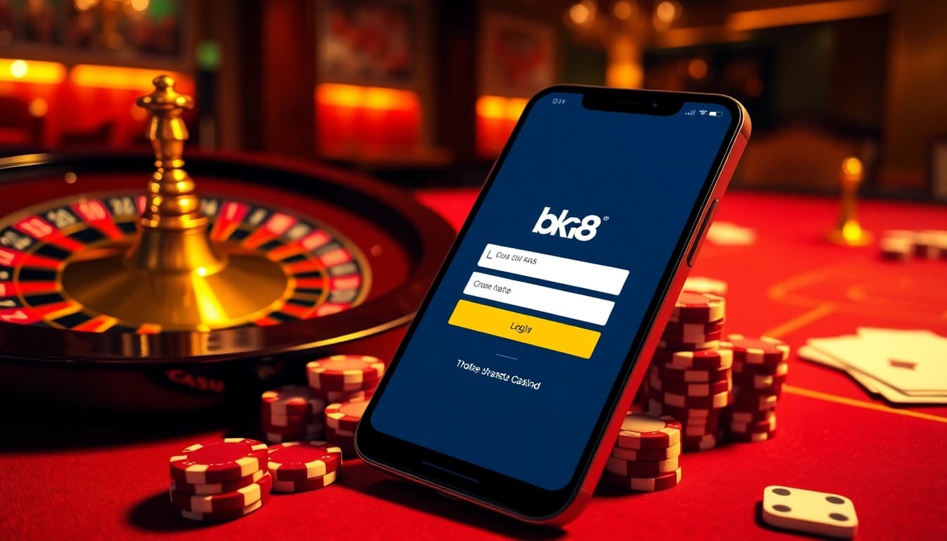 Engaging bk8 login scene on a smartphone with casino elements like roulette and poker chips.