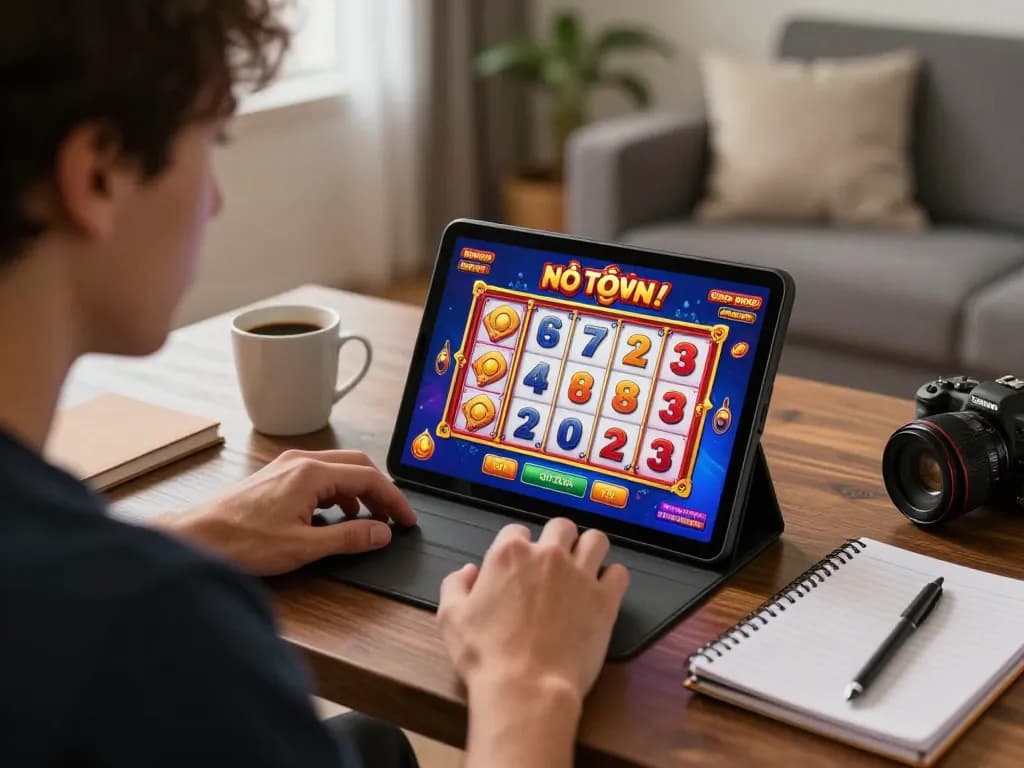 Player engaged in nổ hũ slot game on tablet, surrounded by inviting home decor, emphasizing responsible gaming.