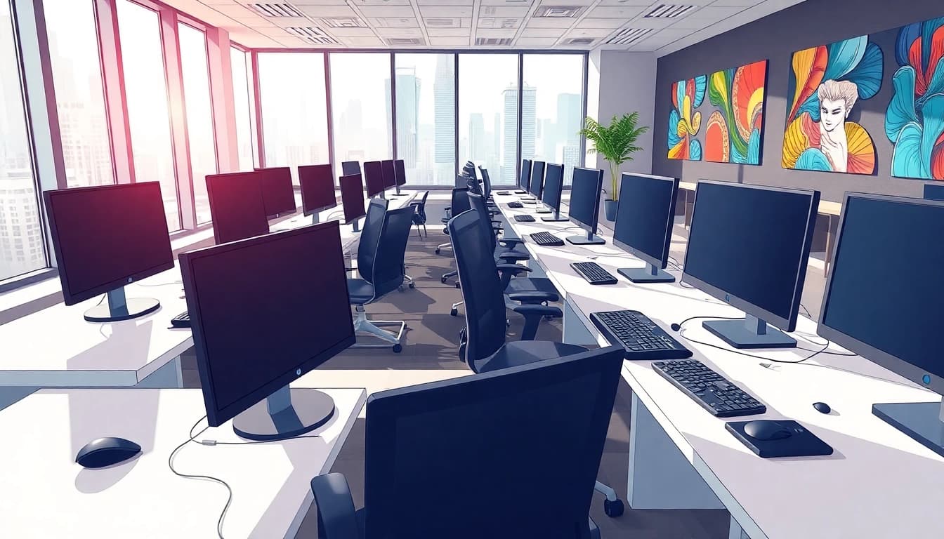Efficient typing center showcasing organized workspaces and advanced technology for clients.