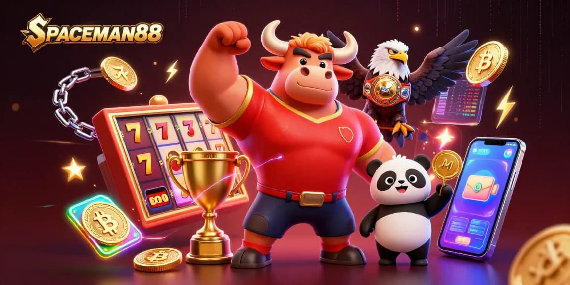 Experience thrilling gaming moments with SPACEMAN88 alongside a victorious bull, eagle, and panda amidst vibrant slot elements.