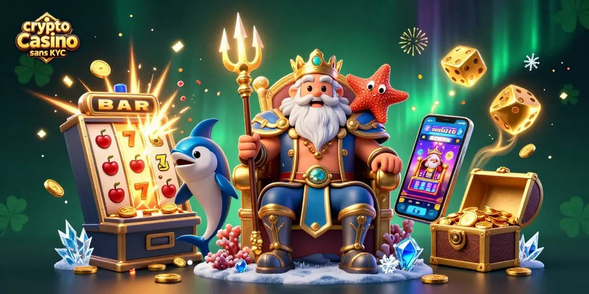 Machine à sous éclatante avec Neptune et étoile de mer dans un crypto casino sans KYC animé.