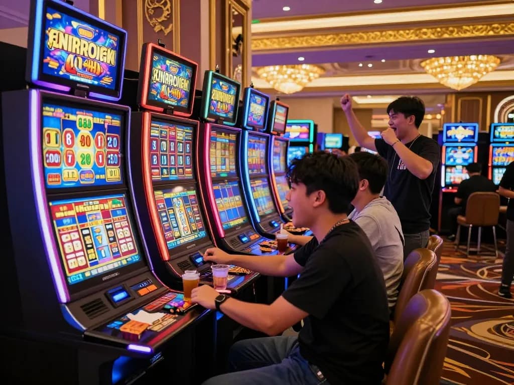 Suasana kasino yang menarik menyoroti slot gacor hari ini dengan pemain merayakan kemenangan.