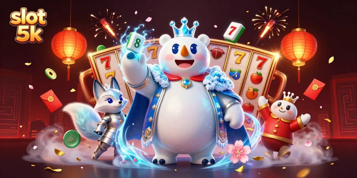 Engage with thrilling slot 5k action featuring an ice king and snow fox in a vibrant casino scene.