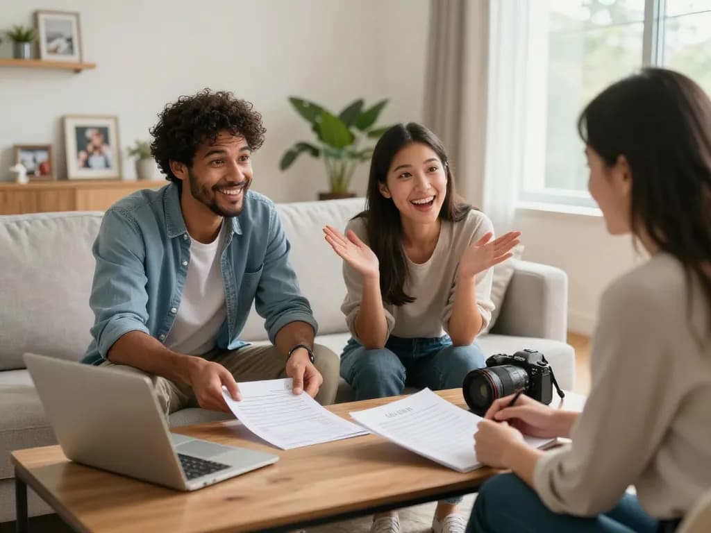 We buy houses for cash scene with a couple and agent discussing sale