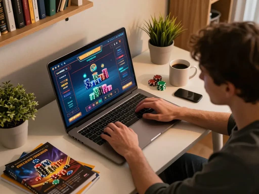 Engaging online gaming session on oli4d platform, showcasing a dynamic home setup with chips and coffee.