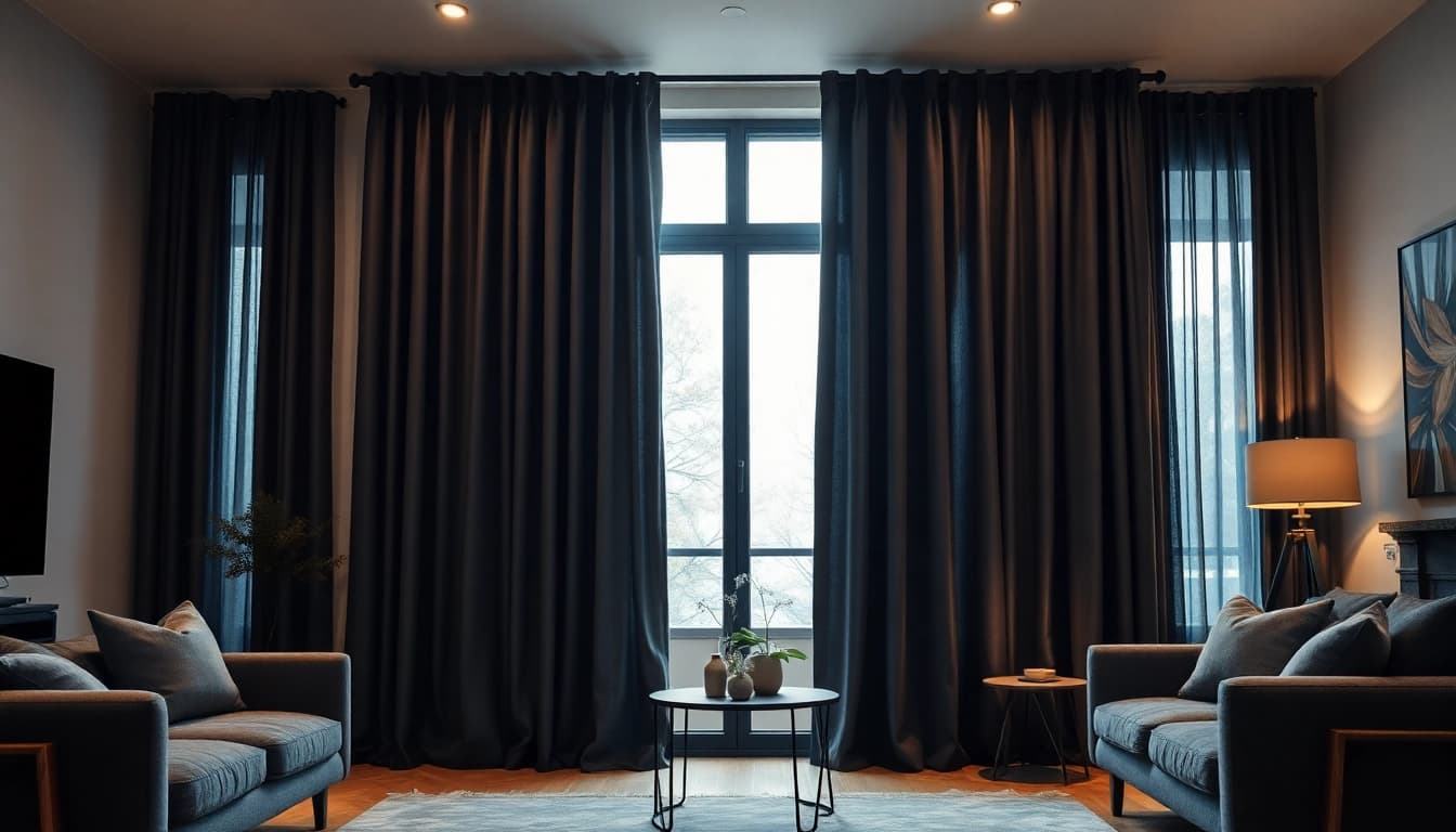 Verduisterende gordijnen in een moderne woonkamer creëren een sfeervolle en donkere omgeving.