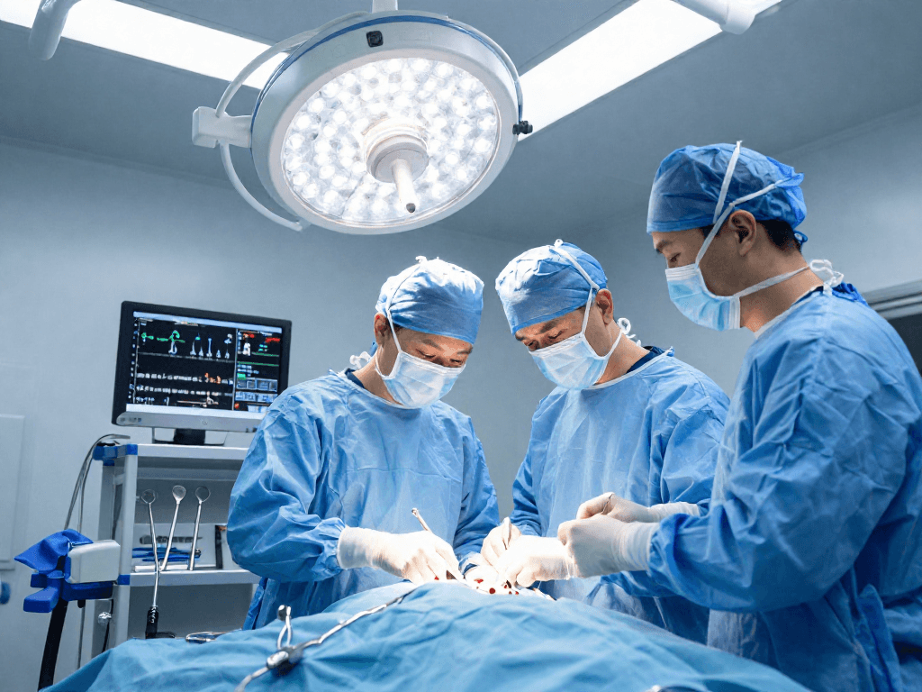 Dar kanal ameliyatı in a modern surgical setting with a focused surgical team.