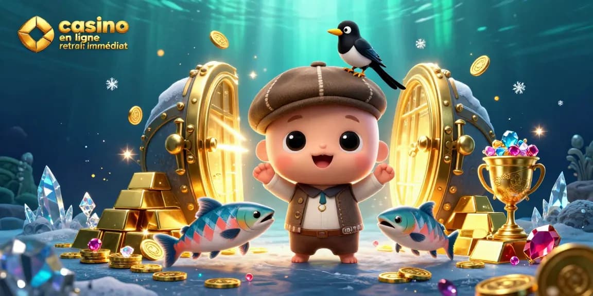 Spin to win at casino en ligne retrait immédiat avec des personnages de jeu mignons entourés de trésors scintillants.