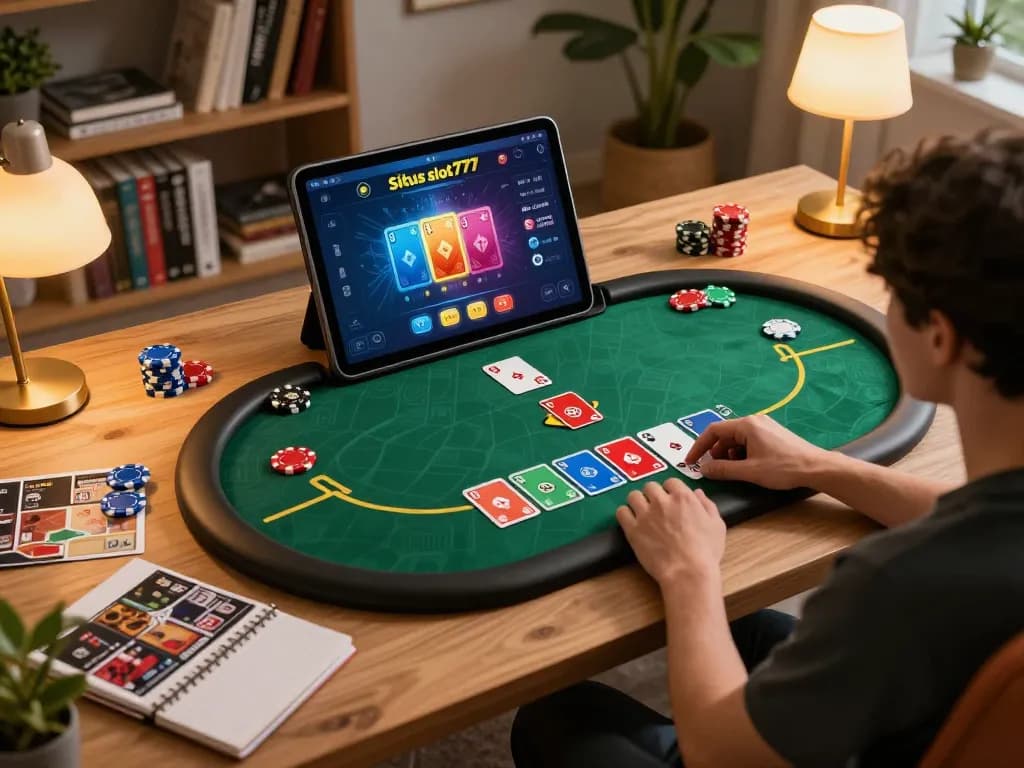Situs slot777 player enjoying a dynamic online poker game on a tablet, surrounded by strategy guides.