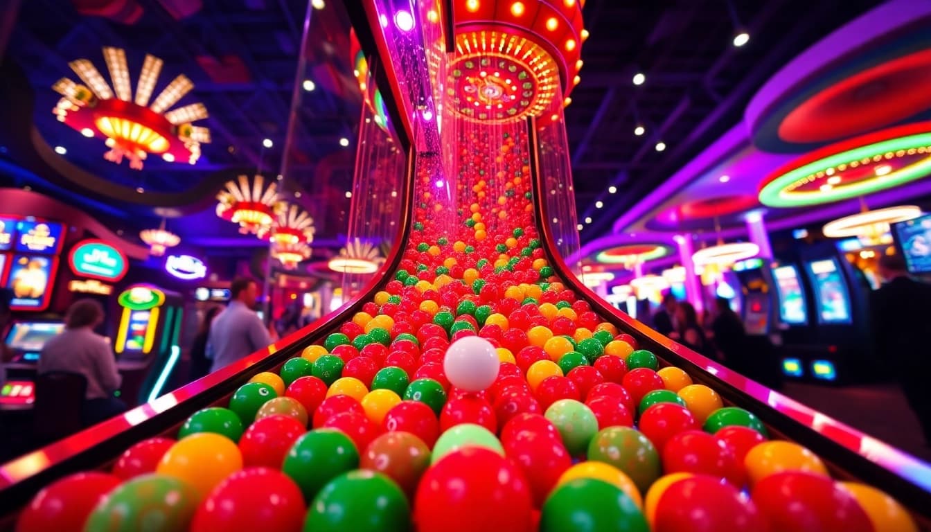 Menangkan pemain saat memainkan plinko slot dengan bola berwarna yang meluncur ke bawah.