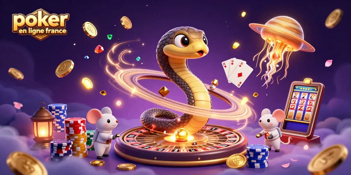 Jouez au poker en ligne france avec des astronautes pariant et un serpent cosmique lors d'une scène intergalactique.