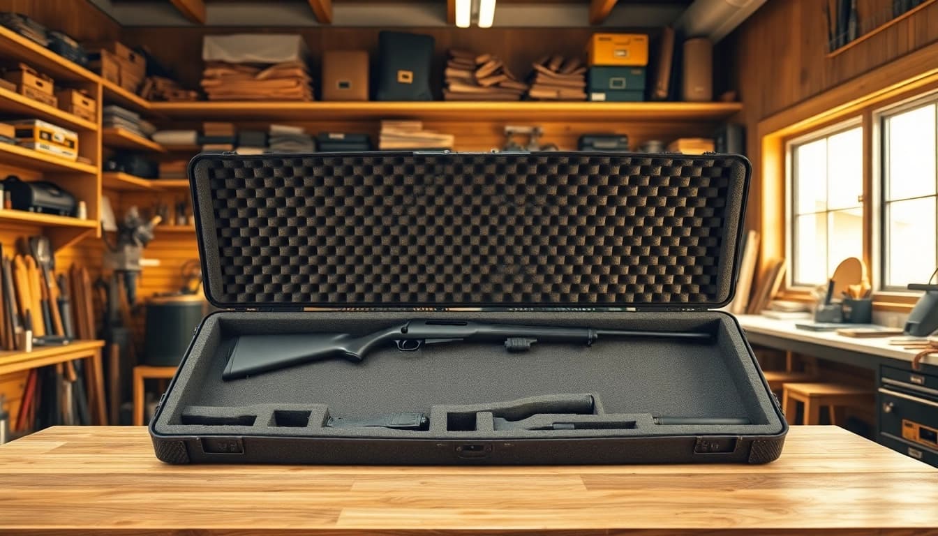 Custom foam for rifle case displayed on a workbench, highlighting unique cutouts for rifles.
