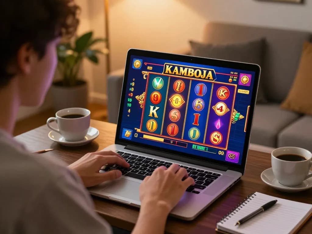 Engaged player enjoying a slot kamboja game on laptop, showcasing strategic online gaming in cozy home.