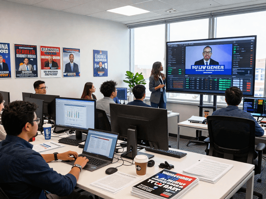 Scene depicting political ad performance measurement in a collaborative campaign office setting with data analytics.