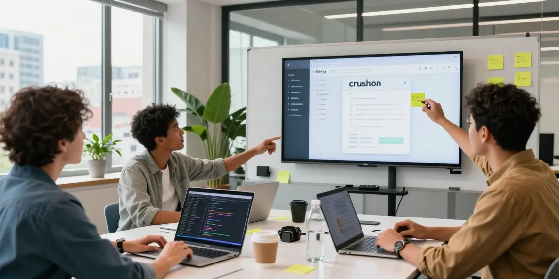 Team collaborating on the crushon app design in a modern workspace
