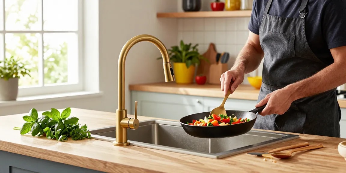 Elegant kitchen faucets in a bright modern kitchen with a cook preparing fresh vegetables, showcasing style and functionality.