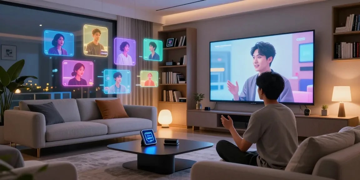 Interactive AI chat experience using Crushon IA technology in a modern living room.