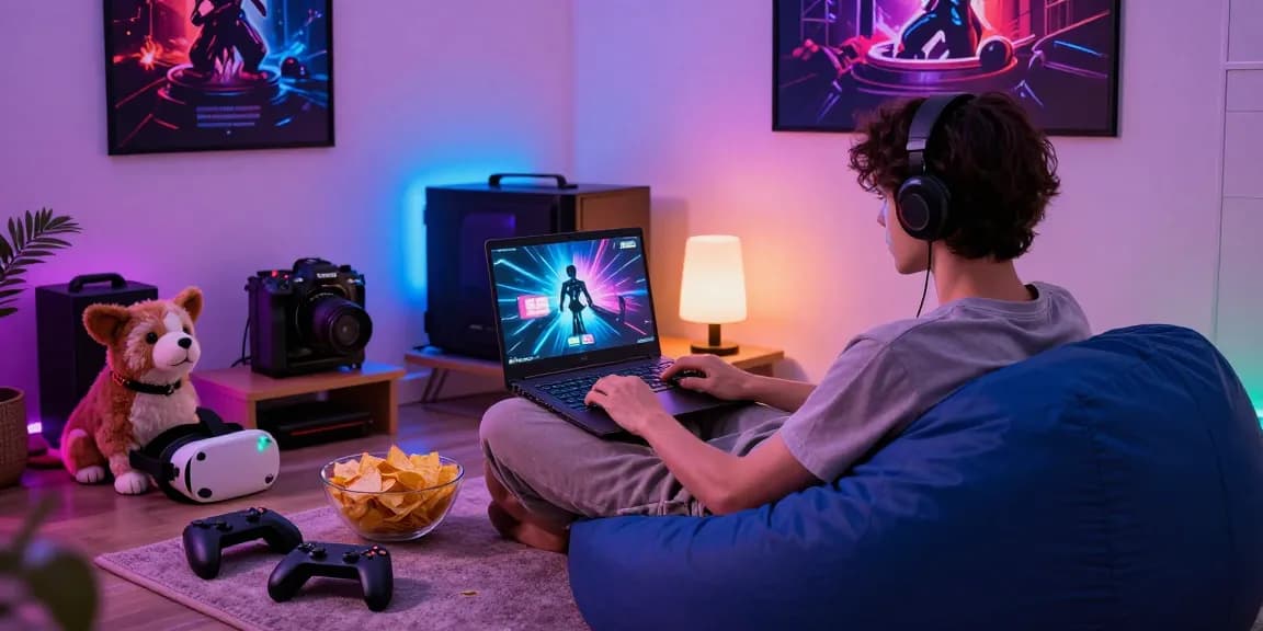 Immerse yourself in thrilling xxx games with a cozy gaming setup featuring vibrant LED lights and a relaxed player.