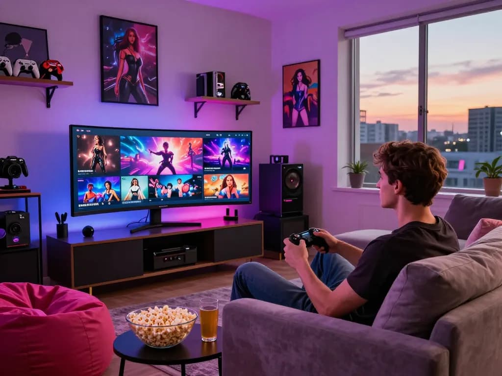Play sex games online in an engaging living room setting with vibrant lighting and gaming accessories.