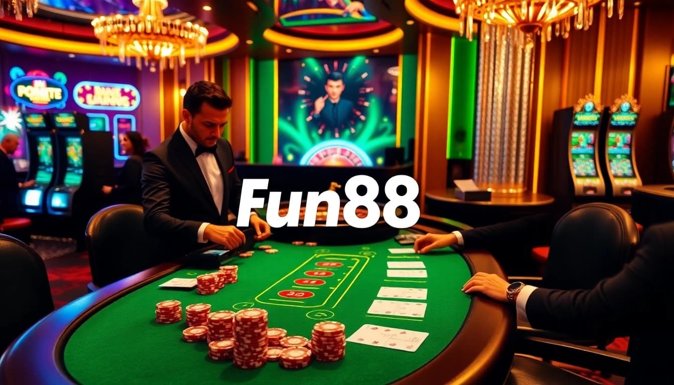 Players enjoying a thrilling game at the Fun88 link blackjack table surrounded by vibrant casino elements.
