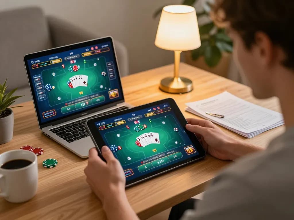 Exploring casino senza licenza adm through engaging online poker gaming setup at home with tablet and laptop.