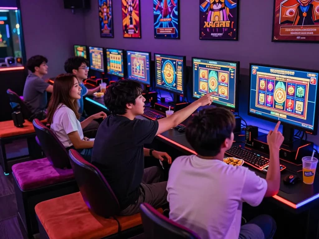Excited friends enjoying online gaming in vibrant lounge featuring situs slot gacor.