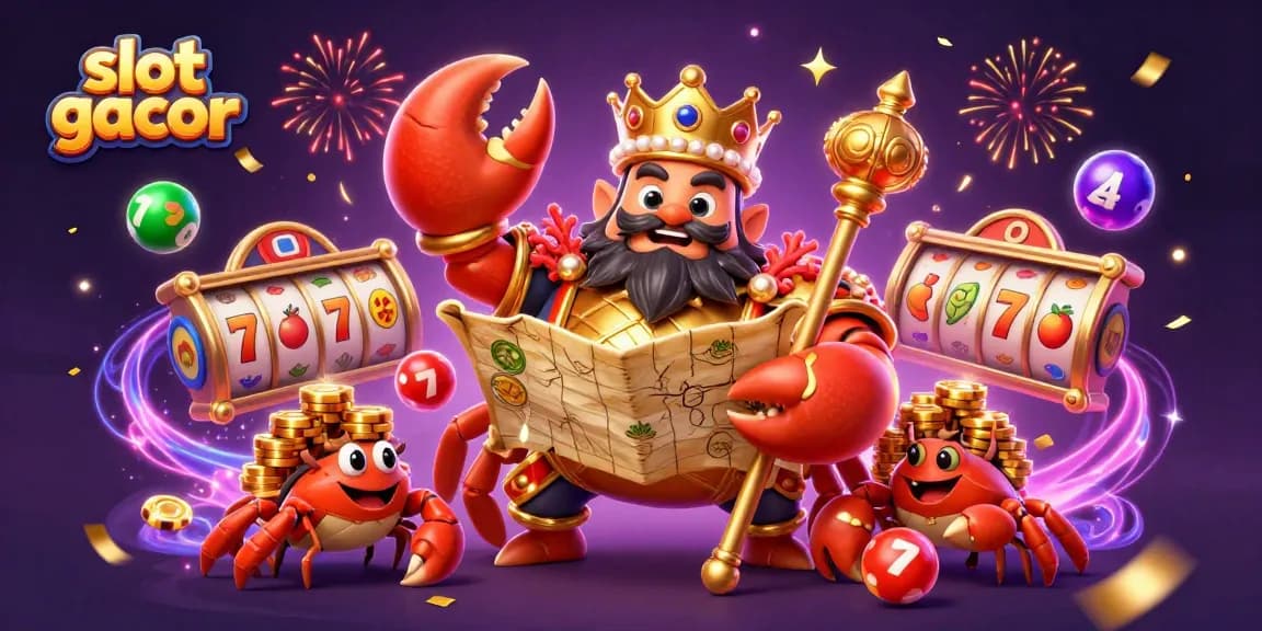 Engage with slot gacor through vibrant casino elements featuring a golden crab emperor and luck-driven symbols.