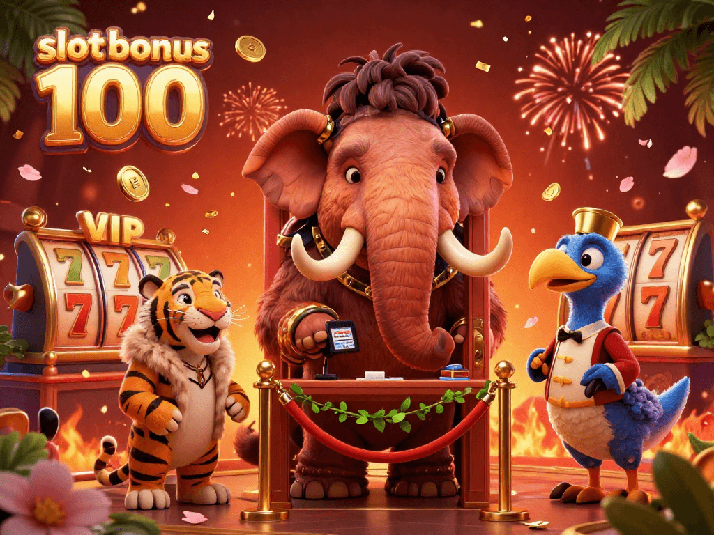 Experience exciting slot bonus 100 action in this vibrant 3D casino scene with engaging characters and dynamic elements.