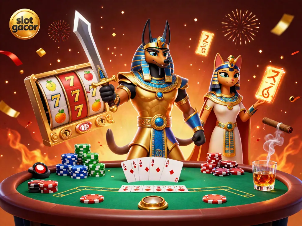 Bermain slot gacor dengan Anubis dan Bastet dalam ilustrasi 3D menarik.