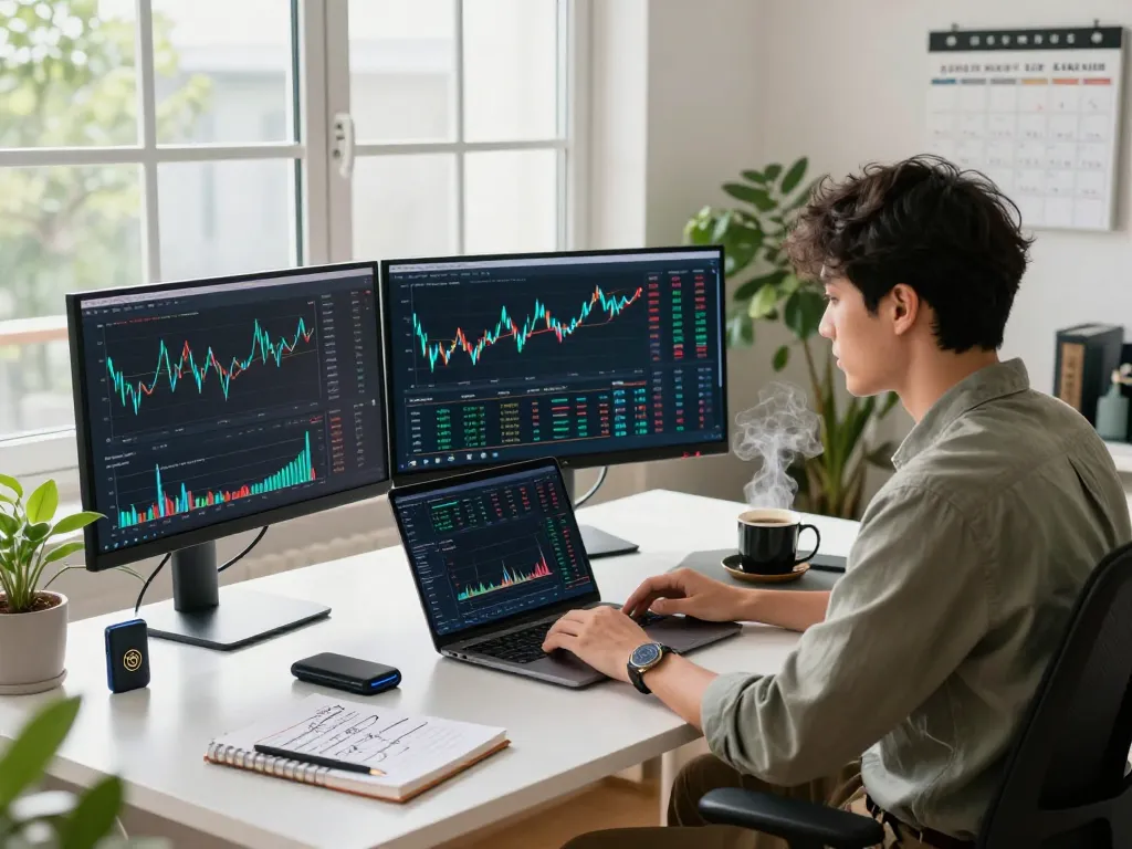 Exploring passive income crypto strategies in a vibrant home office, showcasing real-time investment insights.
