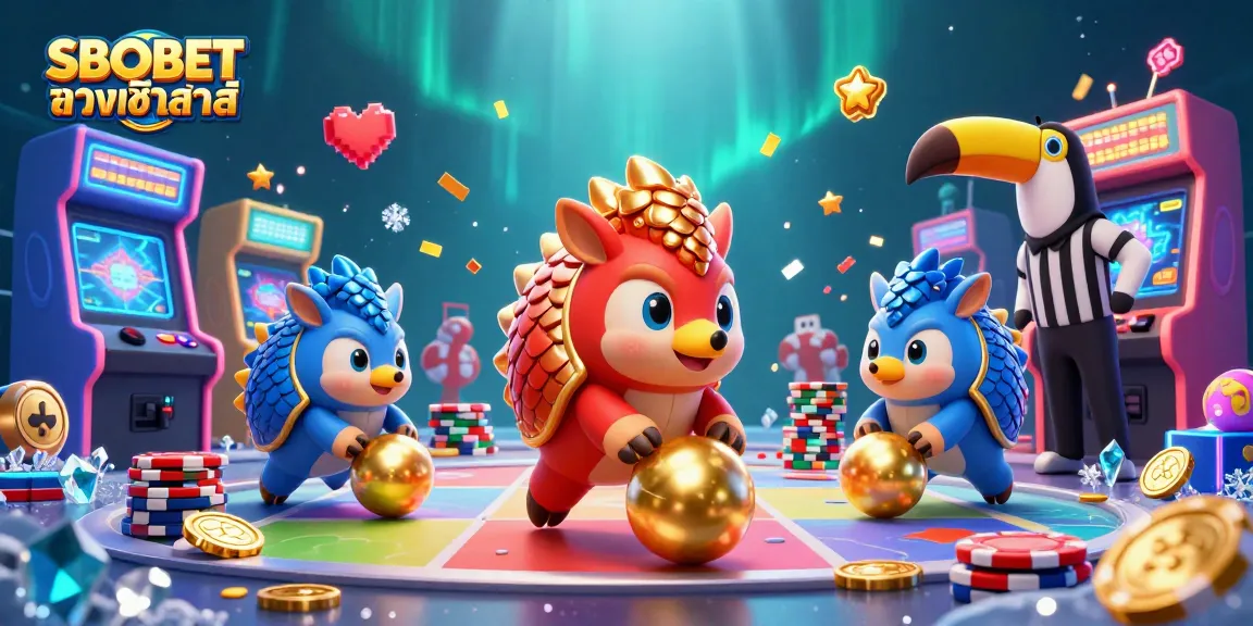 SBOBET ทางเข้าล่าสุด features rival pangolins in armor bowling through poker chips, showcasing vibrant gaming art.