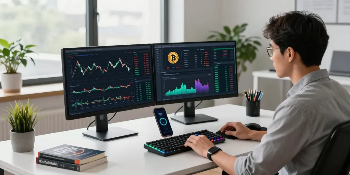 Legit cloud mining platform setup with dual monitors showing Bitcoin trading charts and DeFi analysis in a modern office.