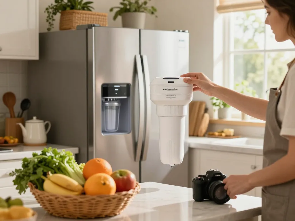 Installing Waterspecialist Replacement for GE® RPWFE® water filter in a bright kitchen with fresh ingredients.