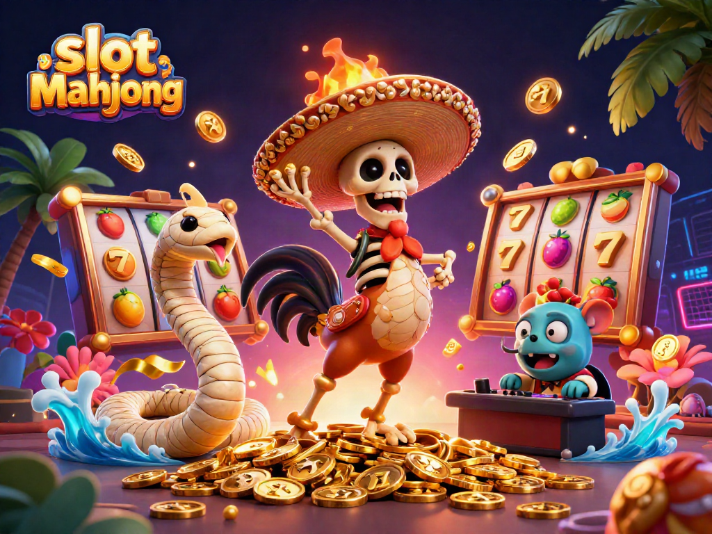 Experience the excitement of slot mahjong with energetic characters, vibrant coins, and dynamic elements.