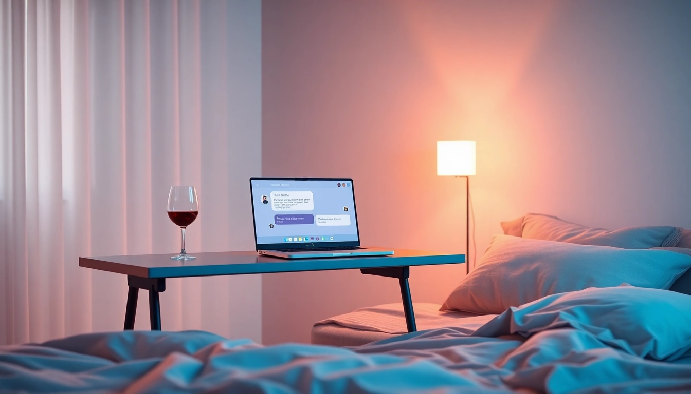 Engaging scene of ai sexting interaction in a cozy bedroom with an AI chat interface on a laptop.