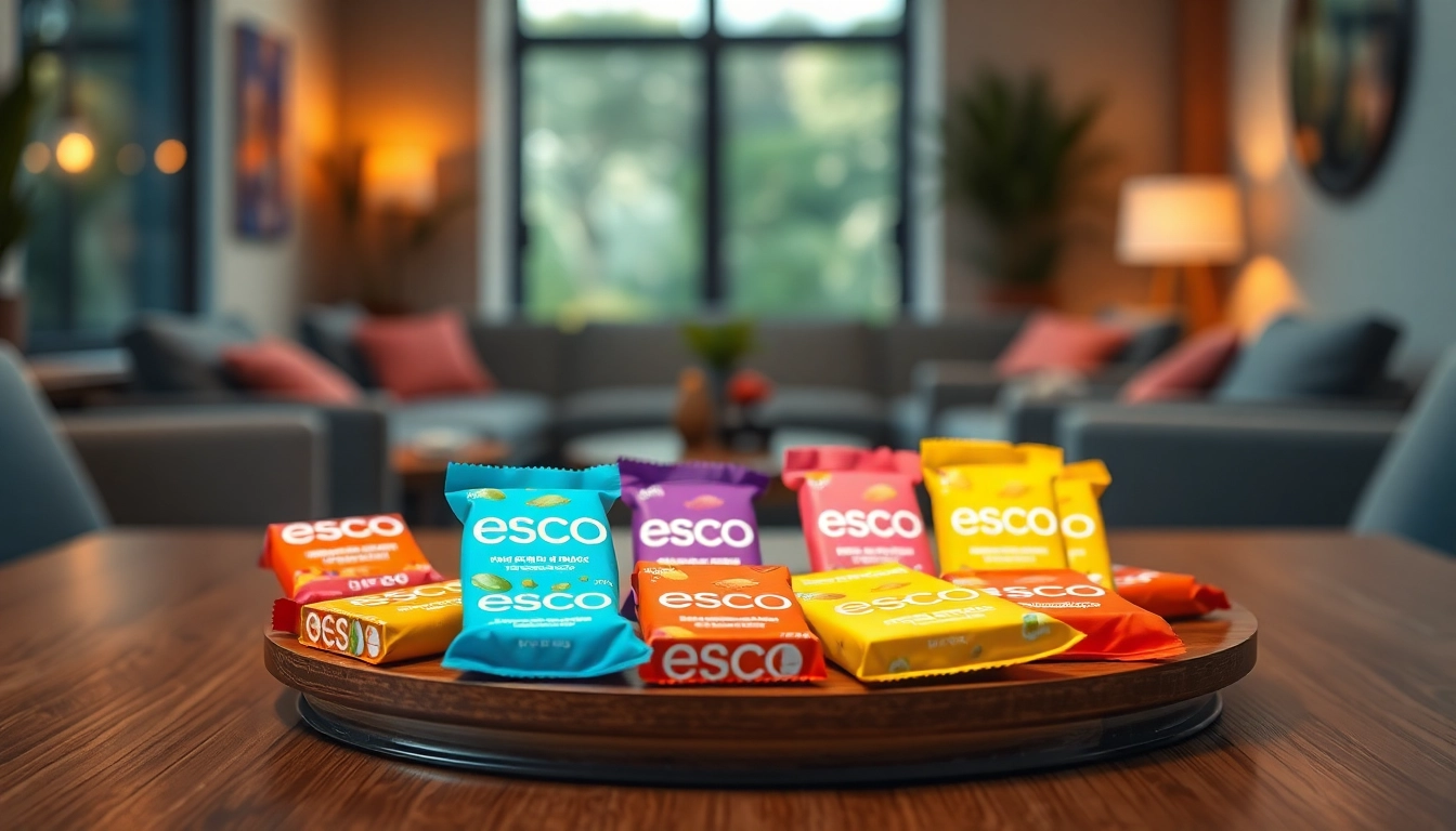 Showcase of brightly colored esco bars on a wooden table, inviting and vibrant.