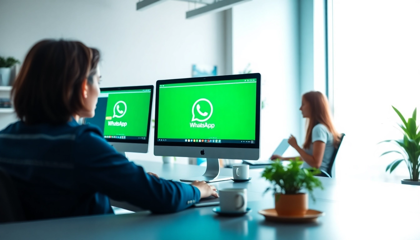 朋友在现代办公环境中使用 WhatsApp网页版，展示无缝沟通。