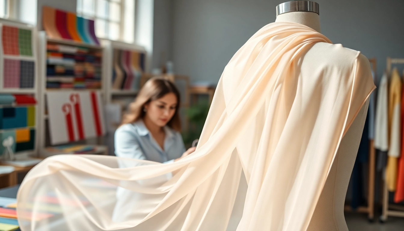Chiffon fabric beautifully draping over a mannequin in a modern design studio.