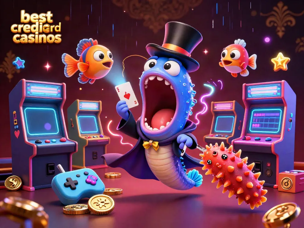 Experience the best credit card casinos with unique characters and vibrant casino elements in a magical underwater scene.