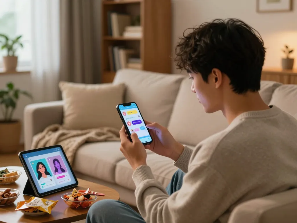 Engaging with an ai girlfriend app on a smartphone in a cozy living room, showcasing AI avatars and a warm atmosphere.