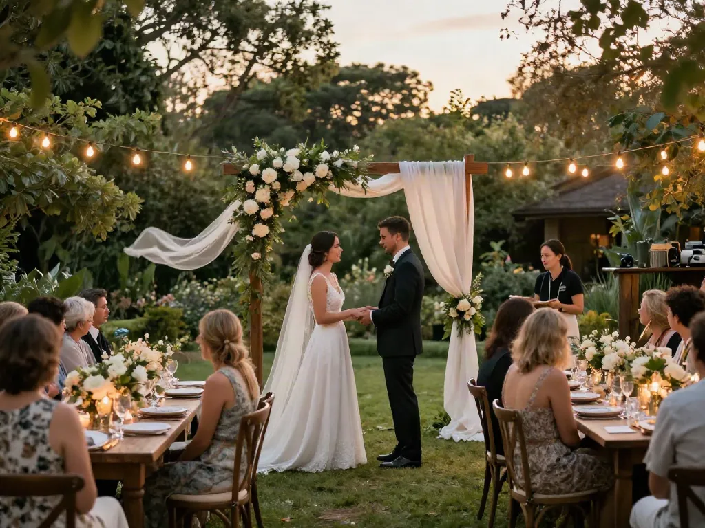 Stunning outdoor wedding setup showcasing event rentals, couple exchanging vows under a floral arch.