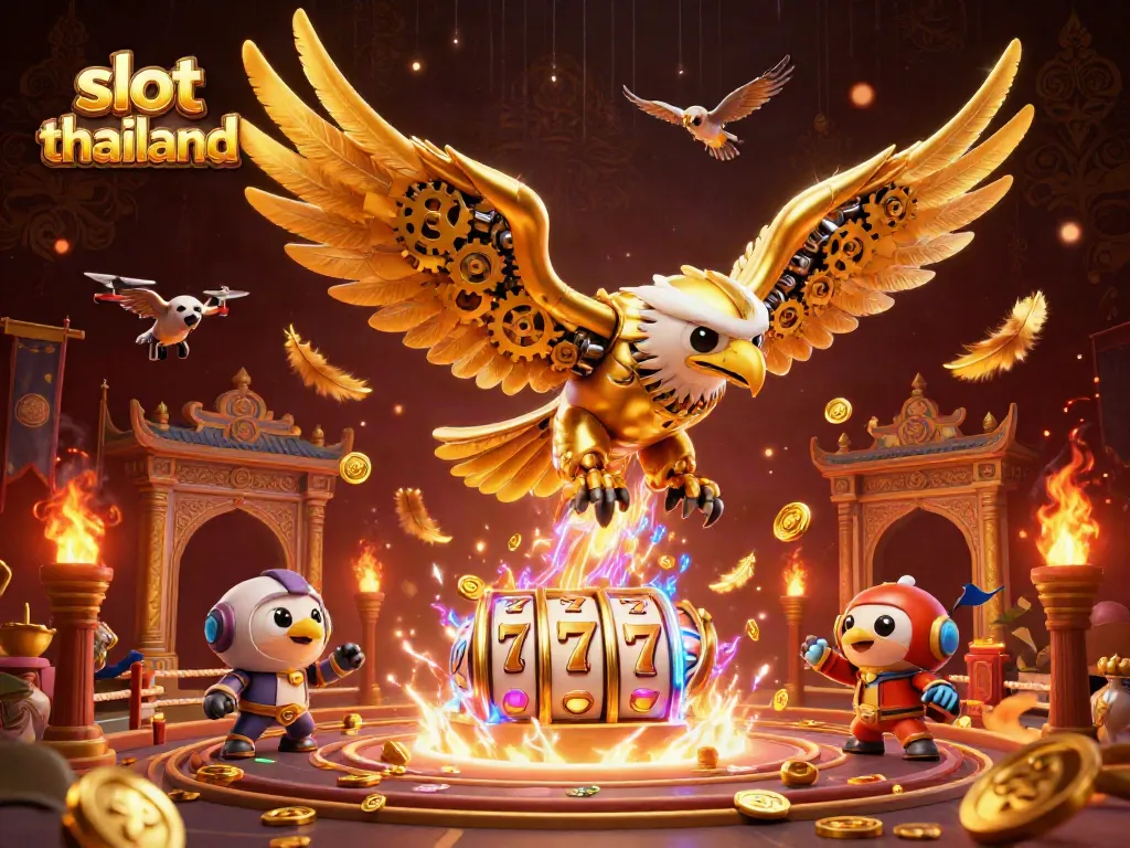 Engage with slot thailand through a cybernetic eagle soaring amidst vibrant slot reels and gold coins.