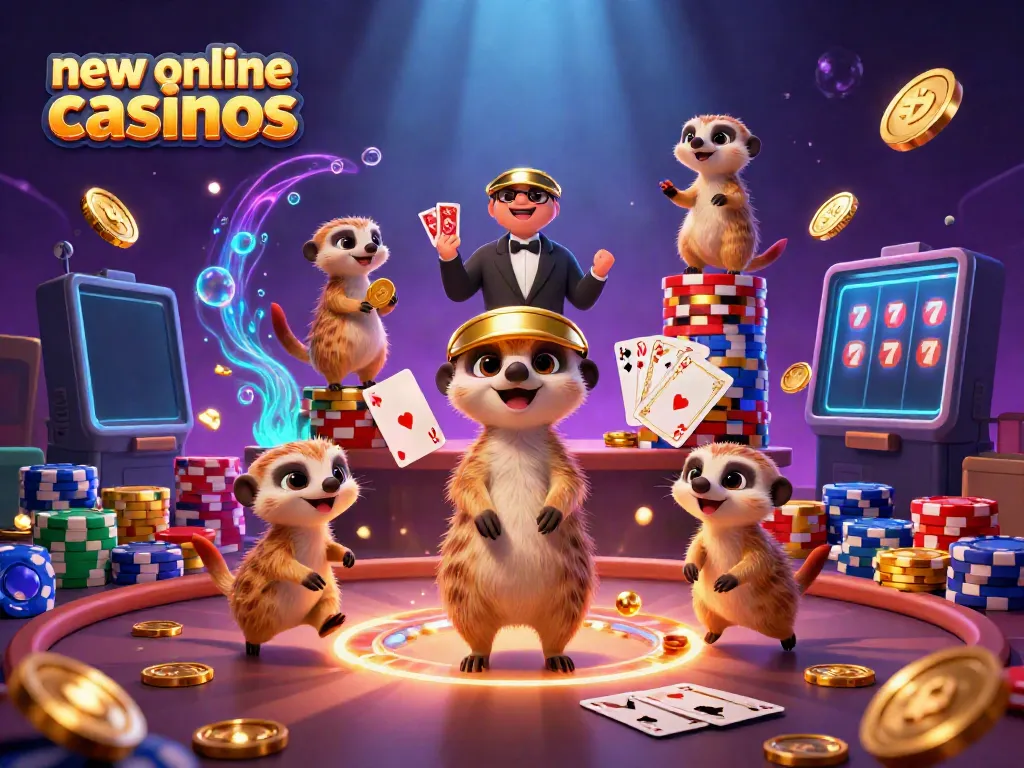 Engaging depiction of new online casinos featuring playful meerkats engaging in various casino games and lively action.