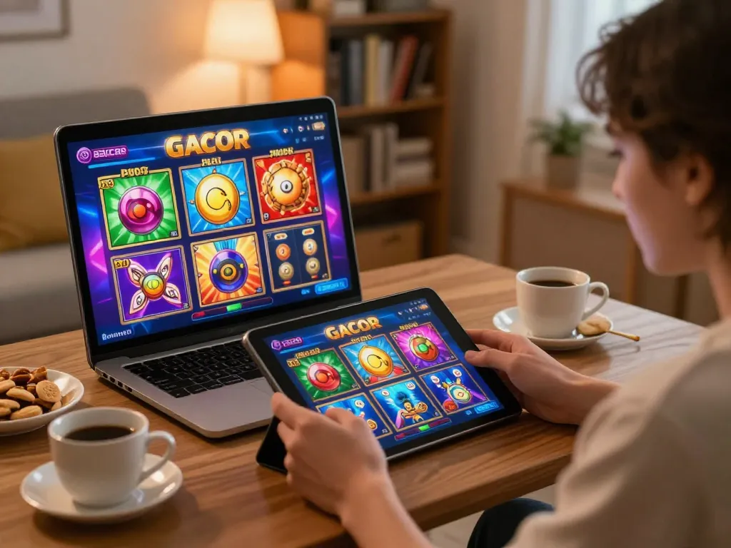 Engaging with slot gacor games on a tablet in a cozy home setting.